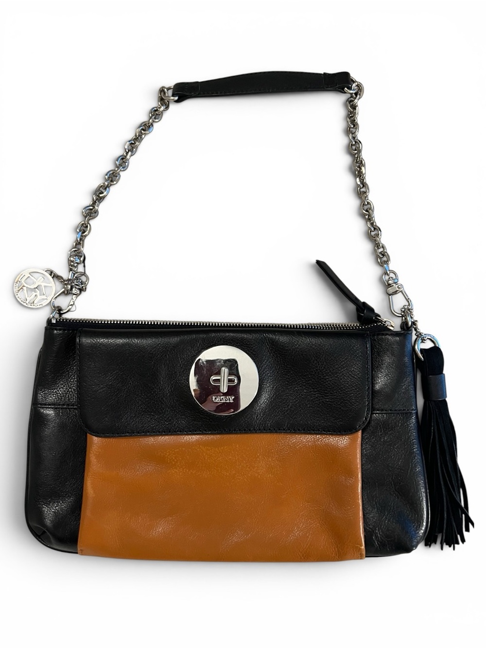 DKNY NWT Luster Calf Modern Edge Fringe Leather Chain Shoulder Bag Camel